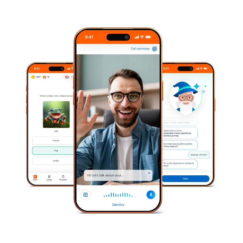 Trzy smartfony wyświetlające różne ekrany i funkcje mobilnej aplikacji eTutor